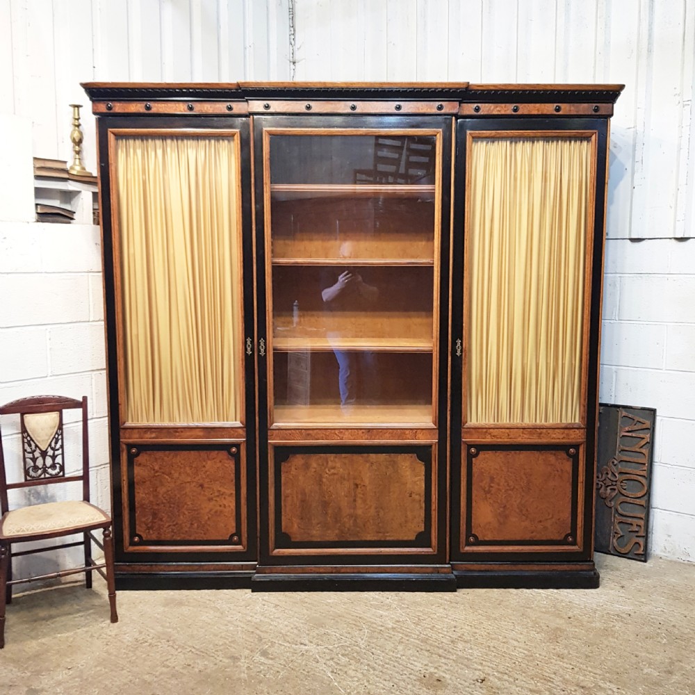 ANTIQUE LARGE VICTORIAN AESTHETIC BURR WALNUT & EBONY BREAKFRONT BOOKCASE C1890