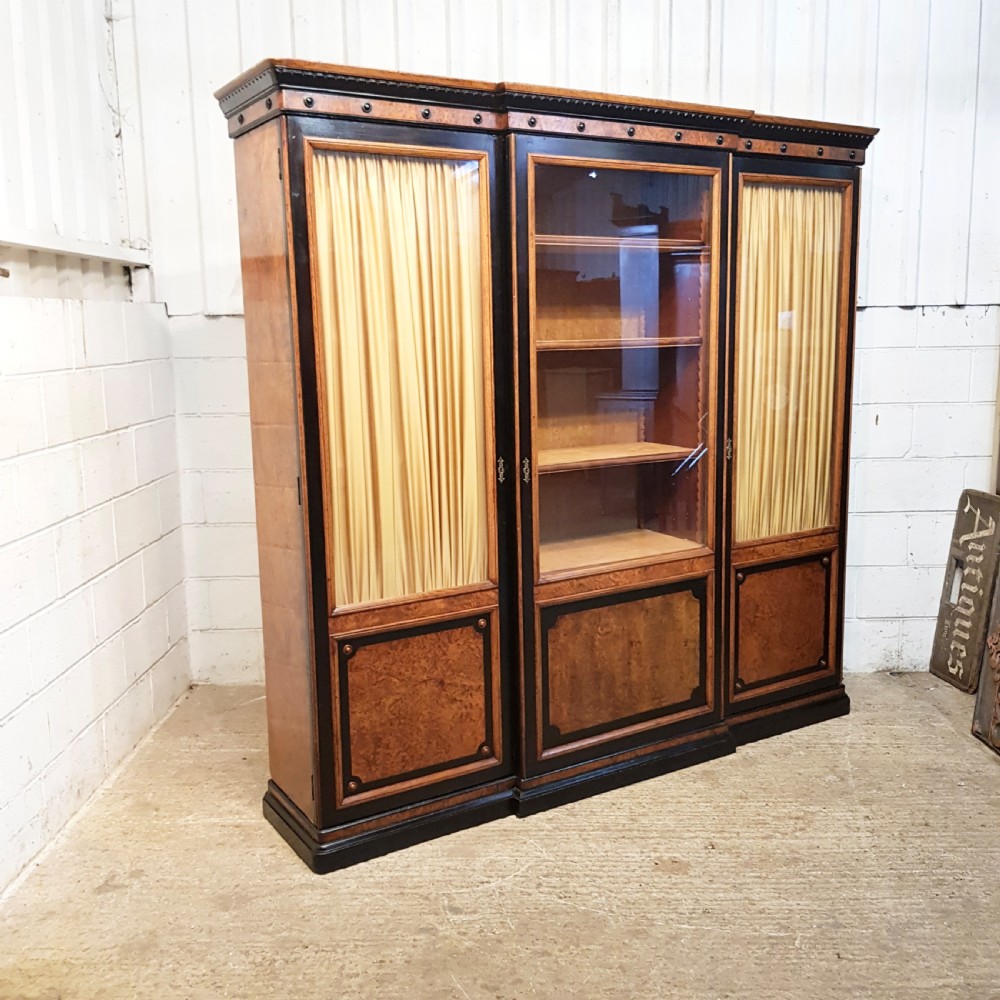 ANTIQUE LARGE VICTORIAN AESTHETIC BURR WALNUT & EBONY BREAKFRONT BOOKCASE C1890 View II