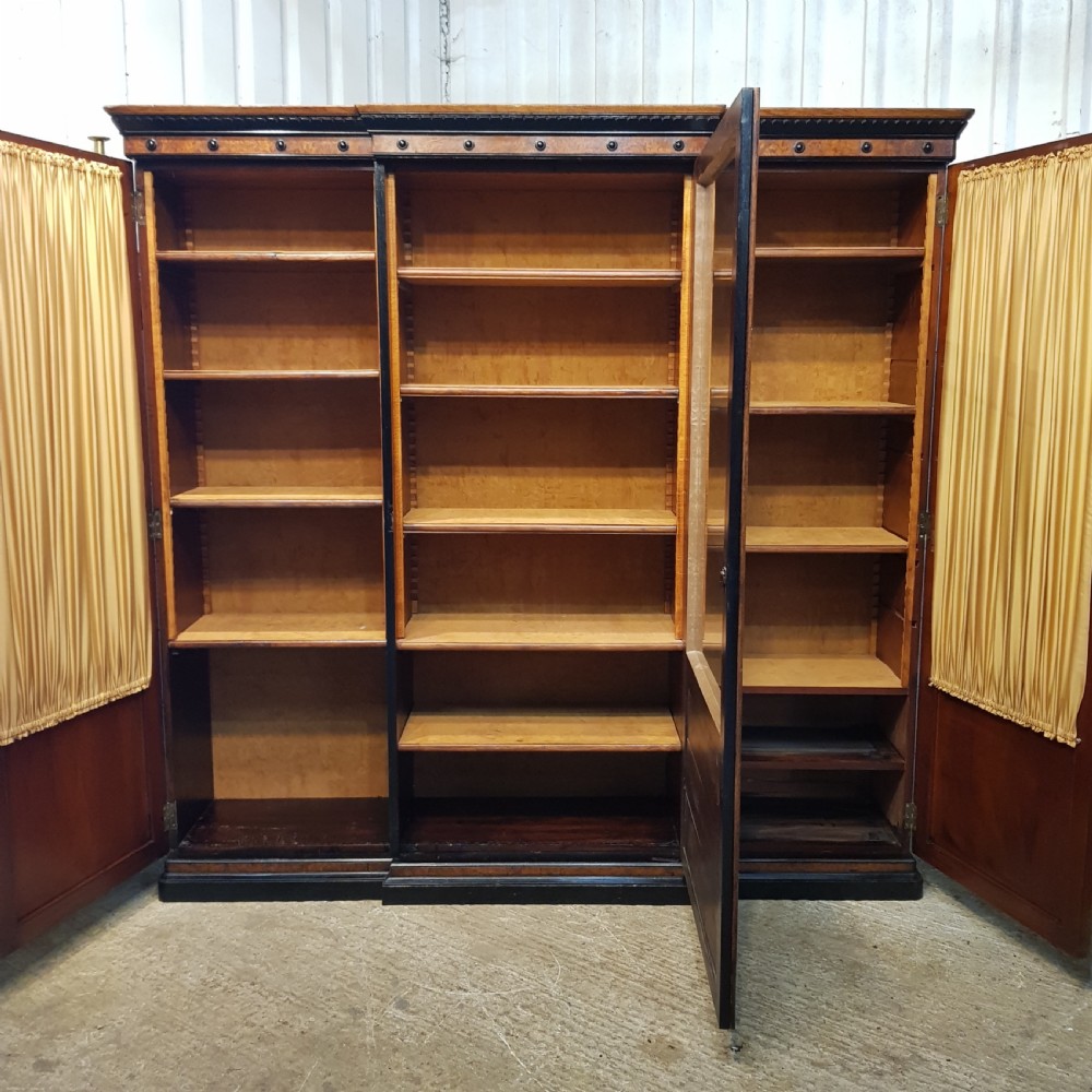 ANTIQUE LARGE VICTORIAN AESTHETIC BURR WALNUT & EBONY BREAKFRONT BOOKCASE C1890 View III