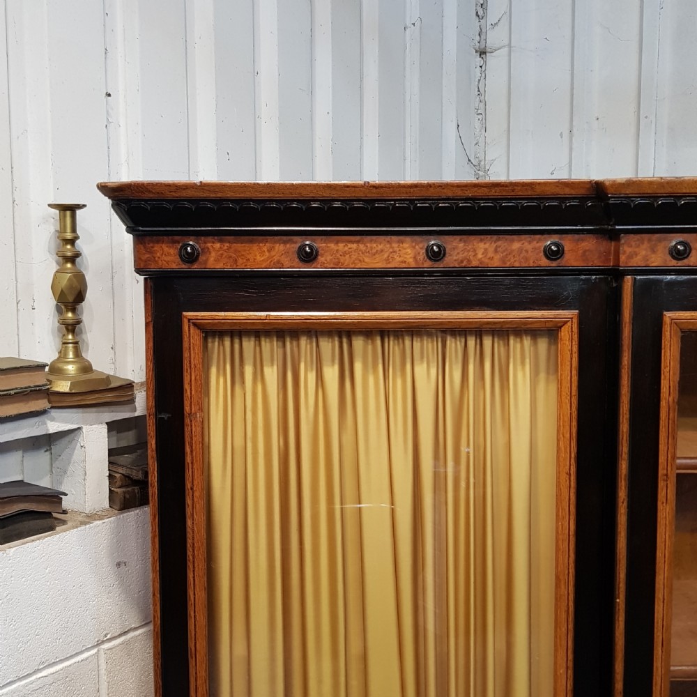 ANTIQUE LARGE VICTORIAN AESTHETIC BURR WALNUT & EBONY BREAKFRONT BOOKCASE C1890 View IV