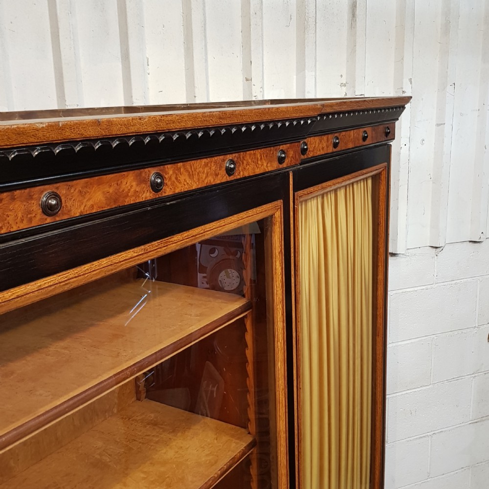 ANTIQUE LARGE VICTORIAN AESTHETIC BURR WALNUT & EBONY BREAKFRONT BOOKCASE C1890 View V