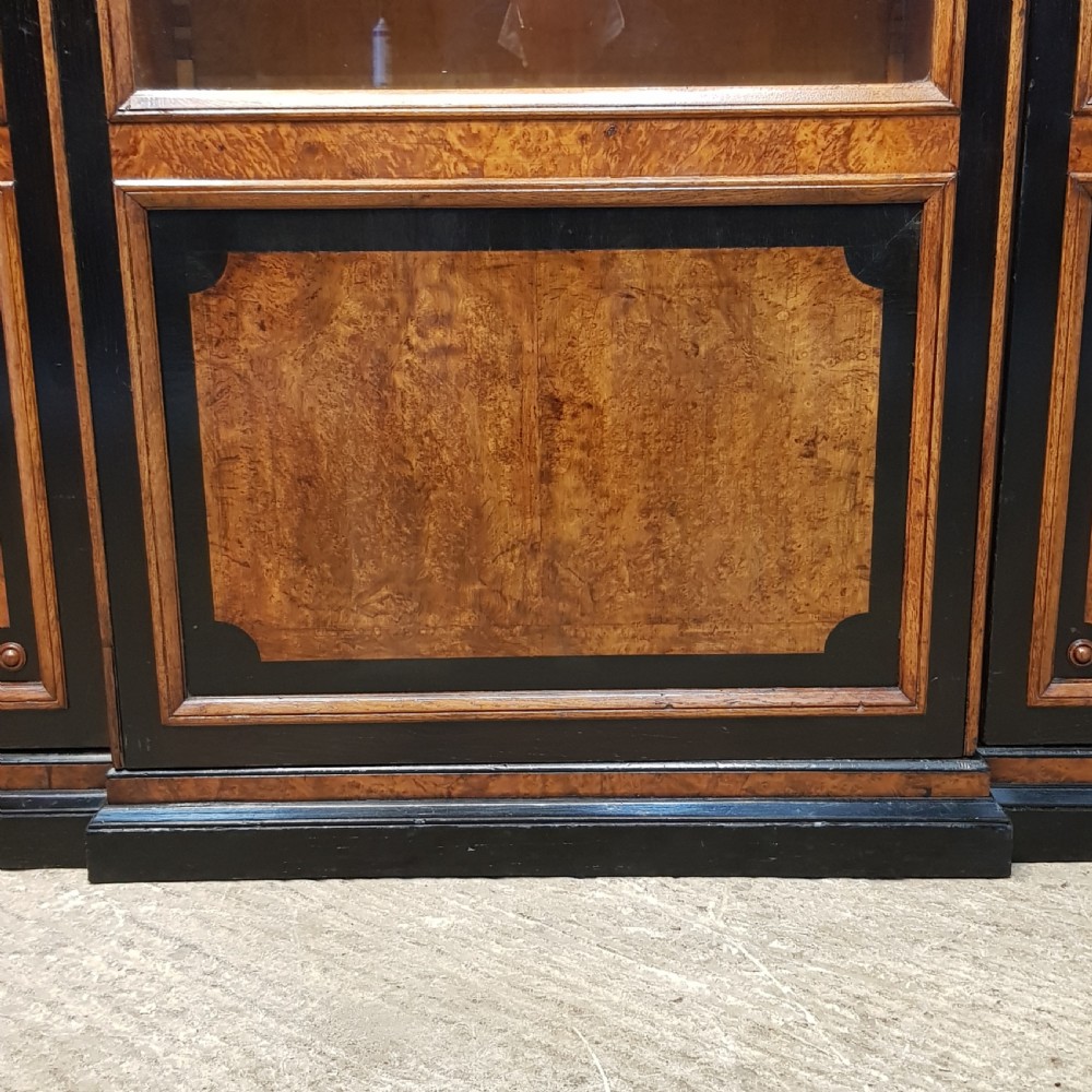 ANTIQUE LARGE VICTORIAN AESTHETIC BURR WALNUT & EBONY BREAKFRONT BOOKCASE C1890 View VIII