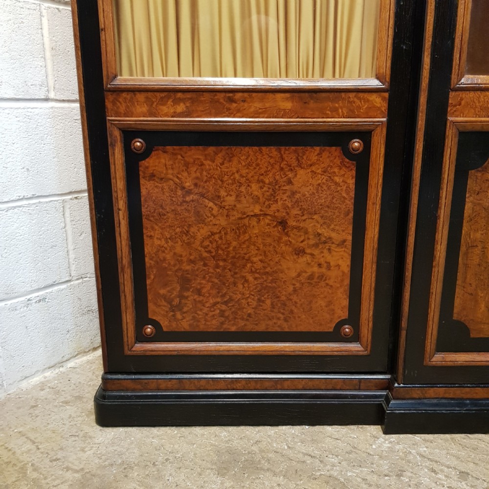 ANTIQUE LARGE VICTORIAN AESTHETIC BURR WALNUT & EBONY BREAKFRONT BOOKCASE C1890 View IX
