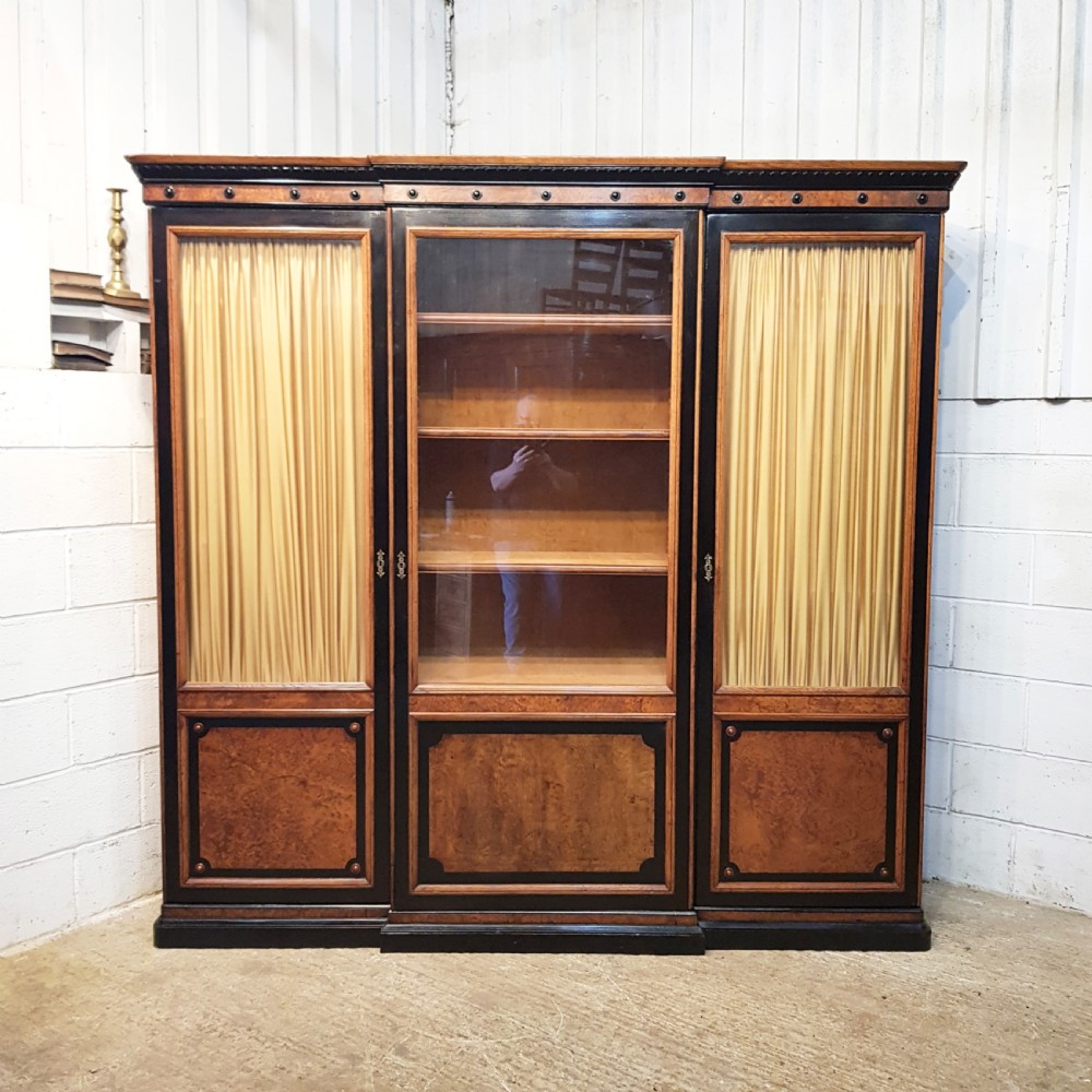 ANTIQUE LARGE VICTORIAN AESTHETIC BURR WALNUT & EBONY BREAKFRONT BOOKCASE C1890 View X