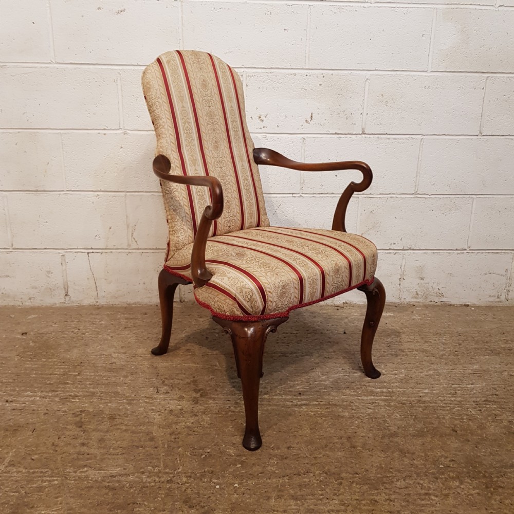 ANTIQUE EDWARDIAN WALNUT QUEEN ANNE STYLE LIBRARY ELBOW CHAIR C1900