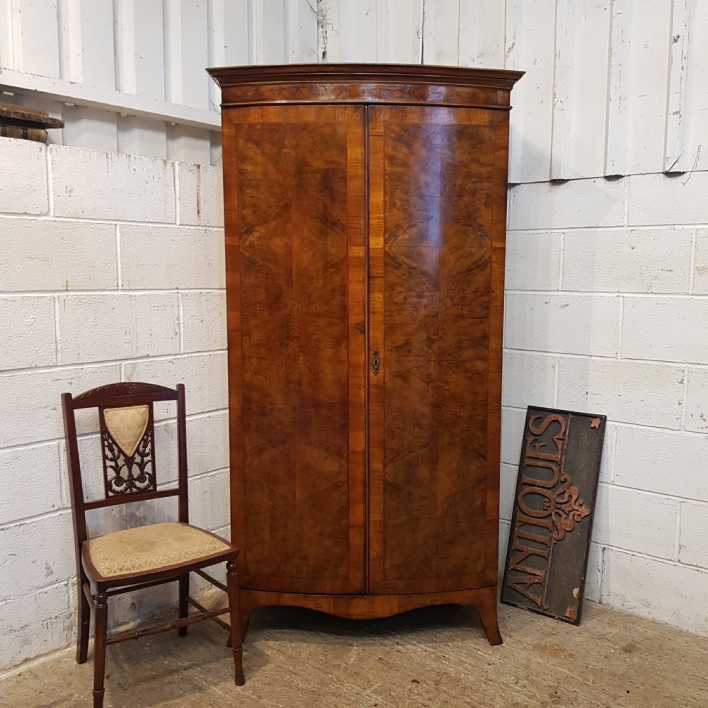 ANTIQUE EDWARDIAN BURR WALNUT BOW FRONT DOUBLE WARDROBE C 1900