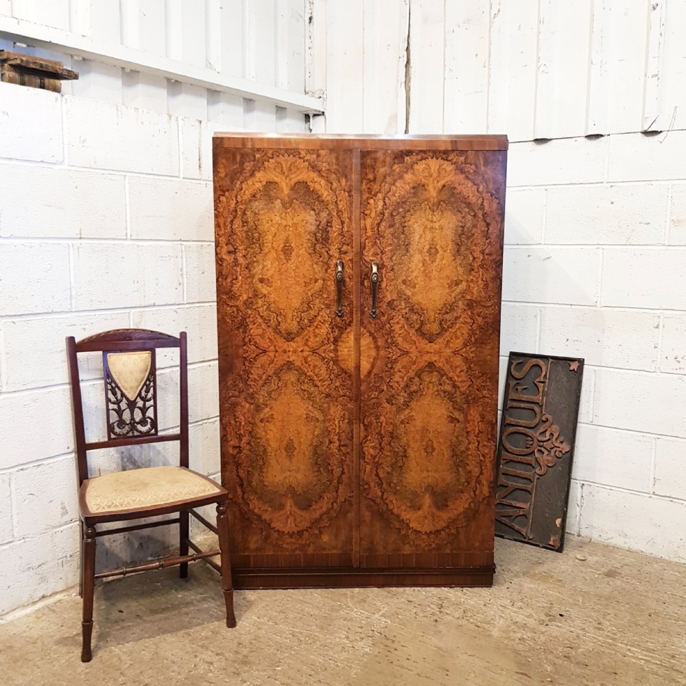 ANTIQUE BURR WALNUT GENTS WARDROBE C1920