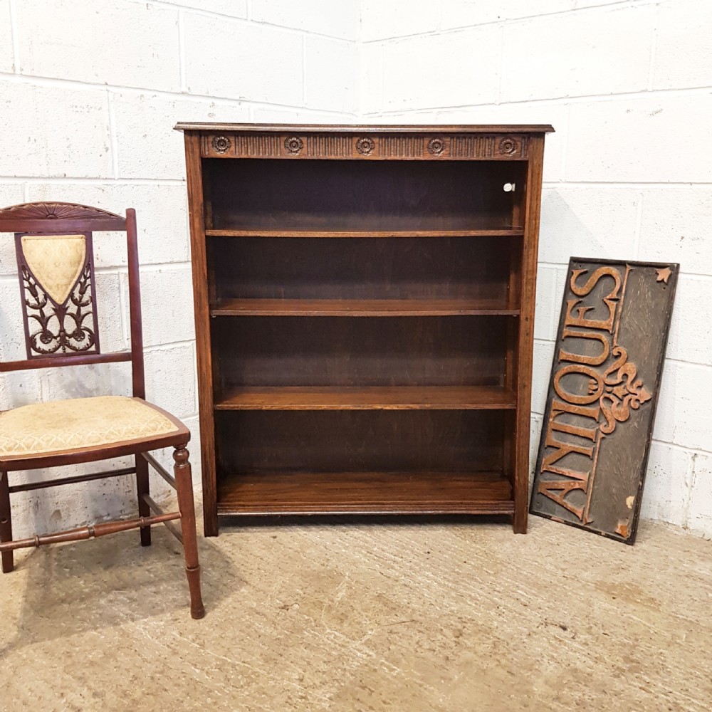 ANTIQUE EDWARDIAN CARVED OAK OPEN BOOKCASE C1900