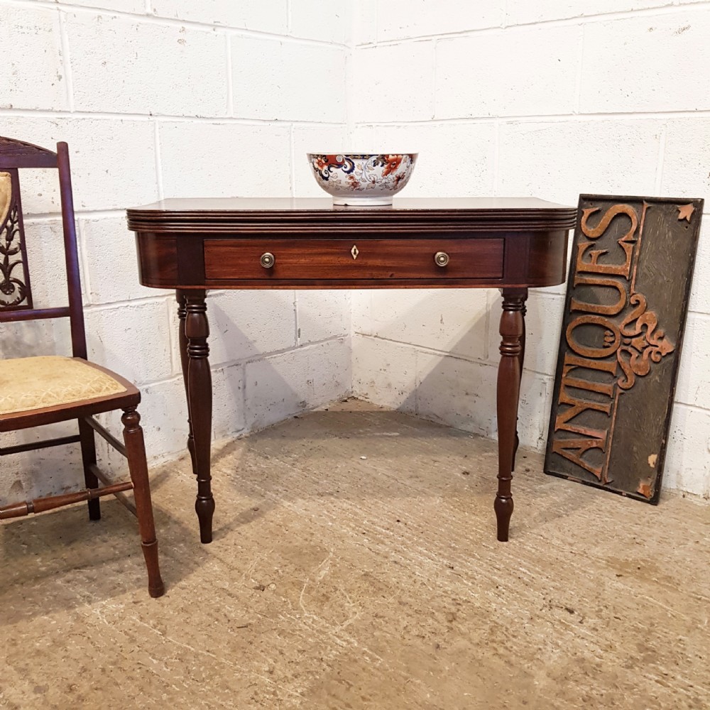 ANTIQUE REGENCY. MAHOGANY D END FOLD OVER GAMES TABLE C1820