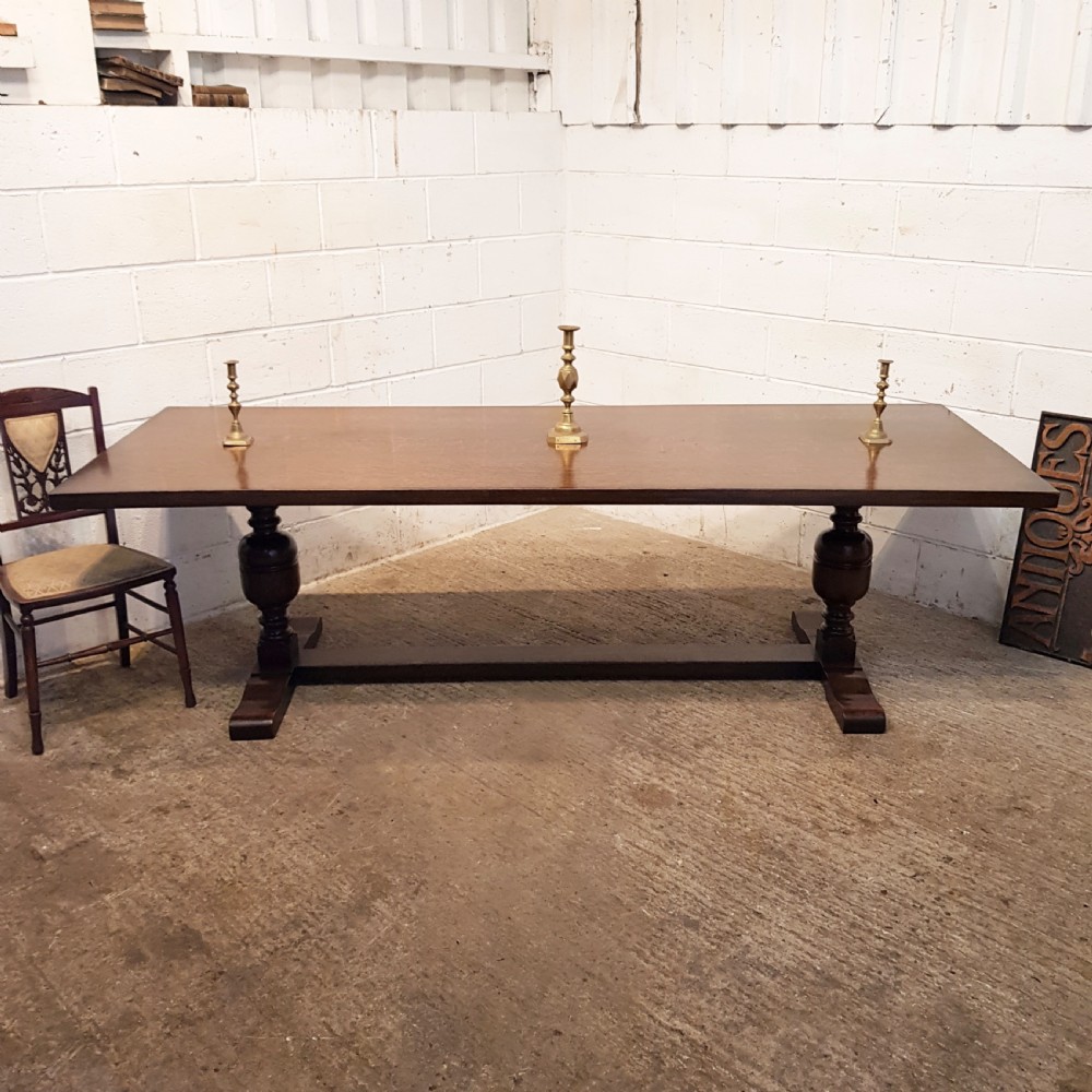 ANTIQUE 8FT LONG OAK REFECTORY DINING TABLE C1920