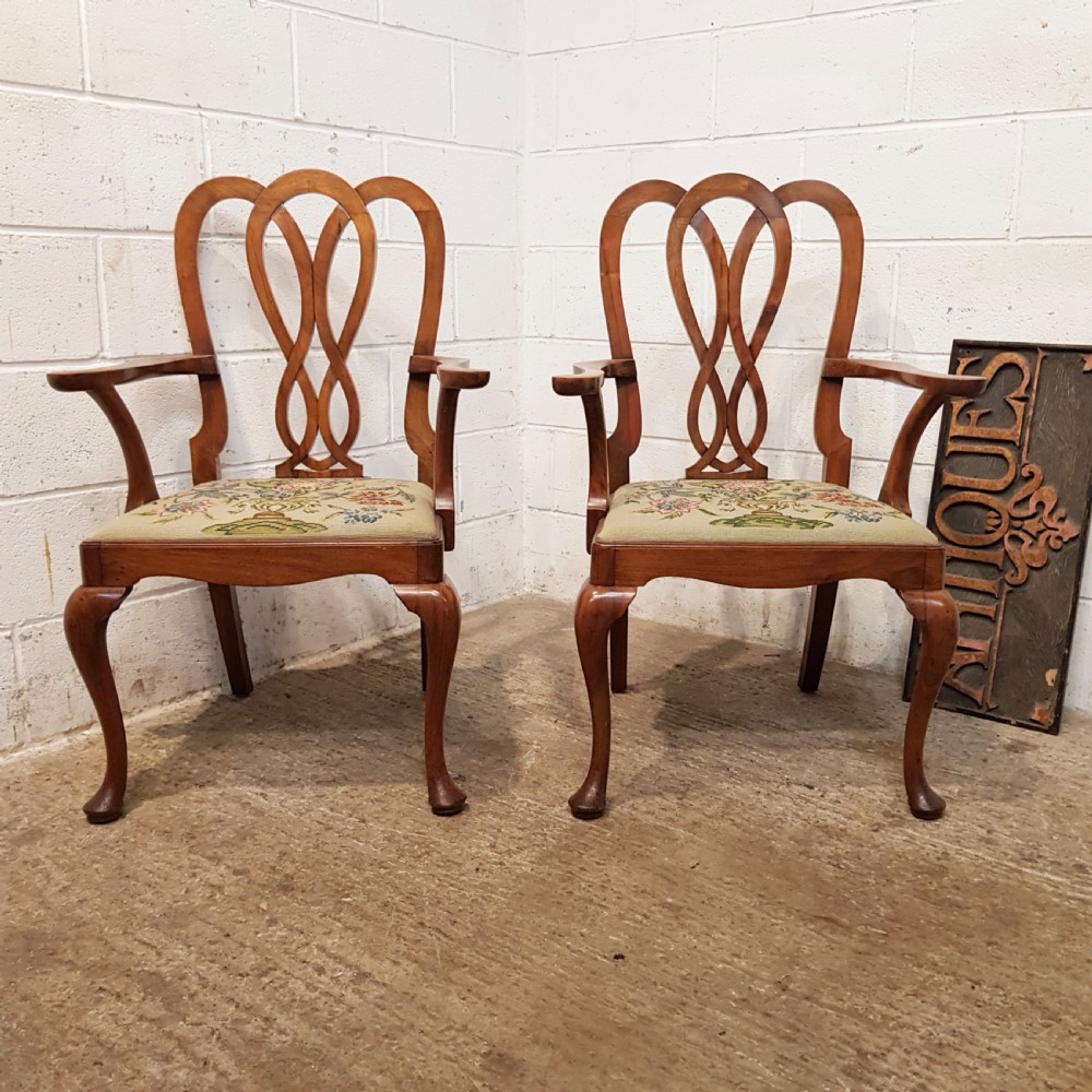 ANTIQUE PAIR EDWARDIAN WALNUT CHIPPENDALE ELBOW CHAIRS C1900