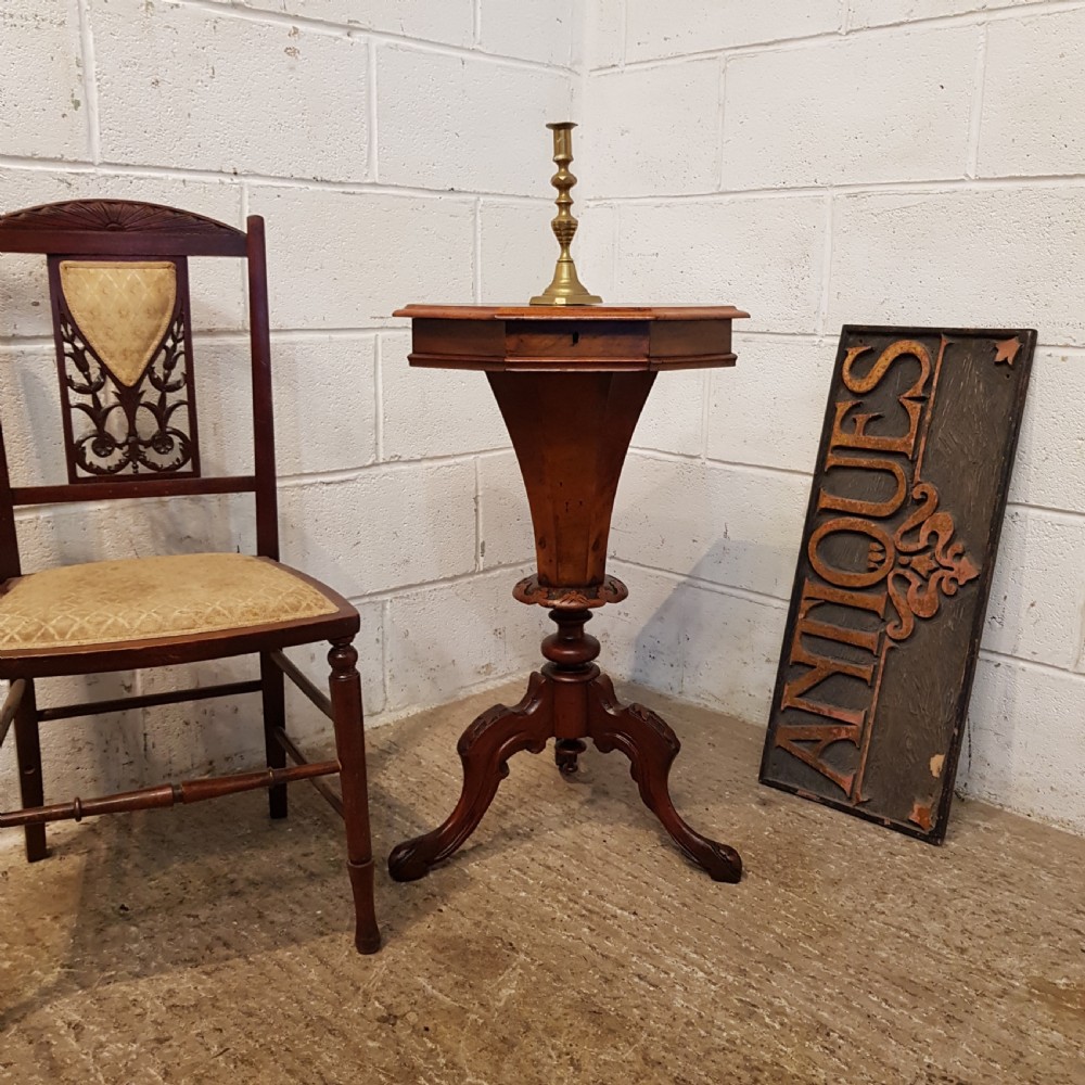 ANTIQUE VICTORIAN BURR WALNUT AND MAHOGANY TRUMPET WORKBOX C1880