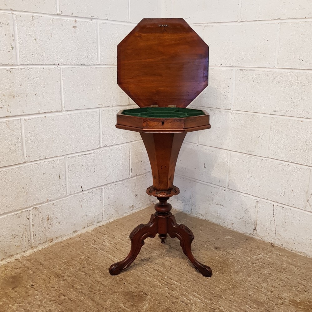 ANTIQUE VICTORIAN BURR WALNUT AND MAHOGANY TRUMPET WORKBOX C1880 View III