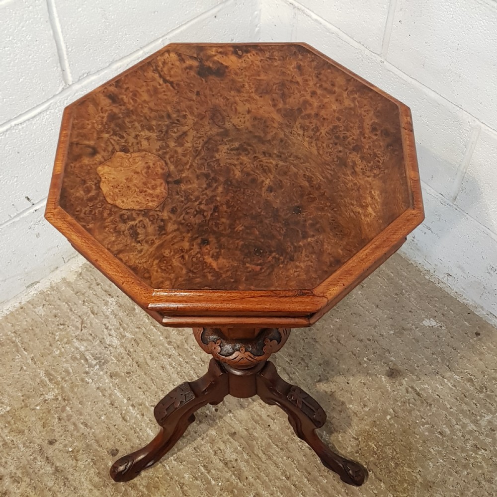 ANTIQUE VICTORIAN BURR WALNUT AND MAHOGANY TRUMPET WORKBOX C1880 View IV