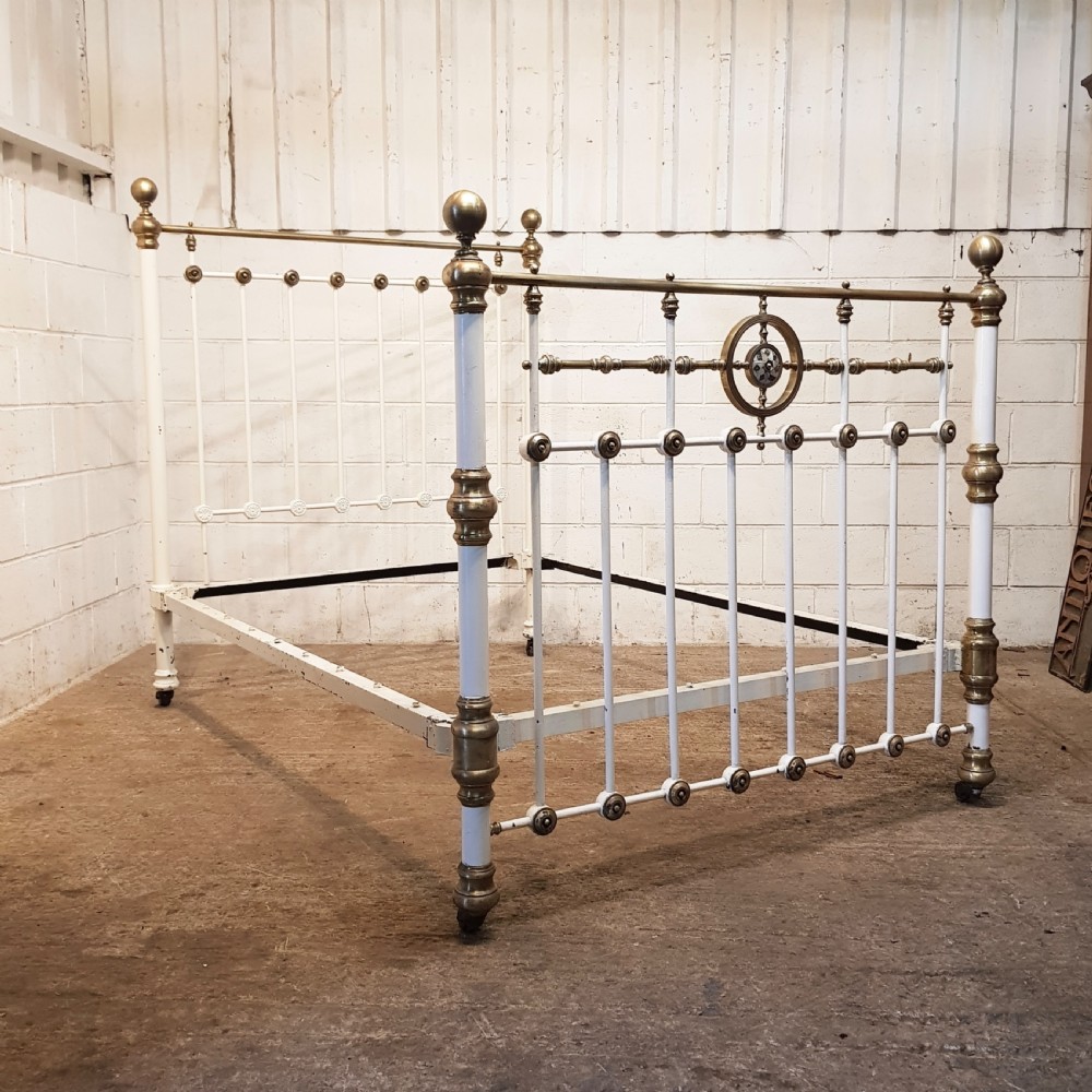 ANTIQUE VICTORIAN PAINTED & BRASS DOUBLE BED WITH MOTHER OF PEARL C1880