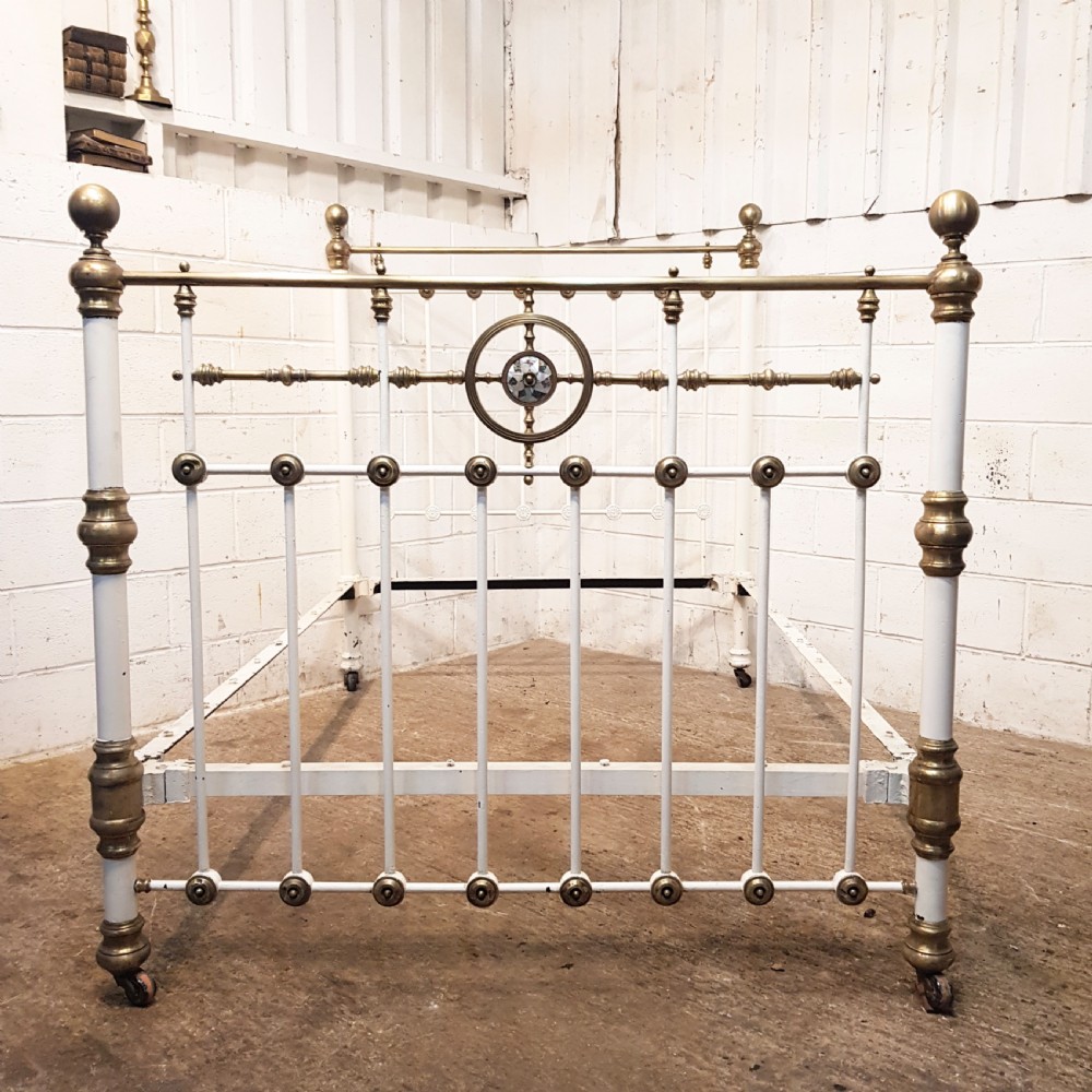 ANTIQUE VICTORIAN PAINTED & BRASS DOUBLE BED WITH MOTHER OF PEARL C1880 View III