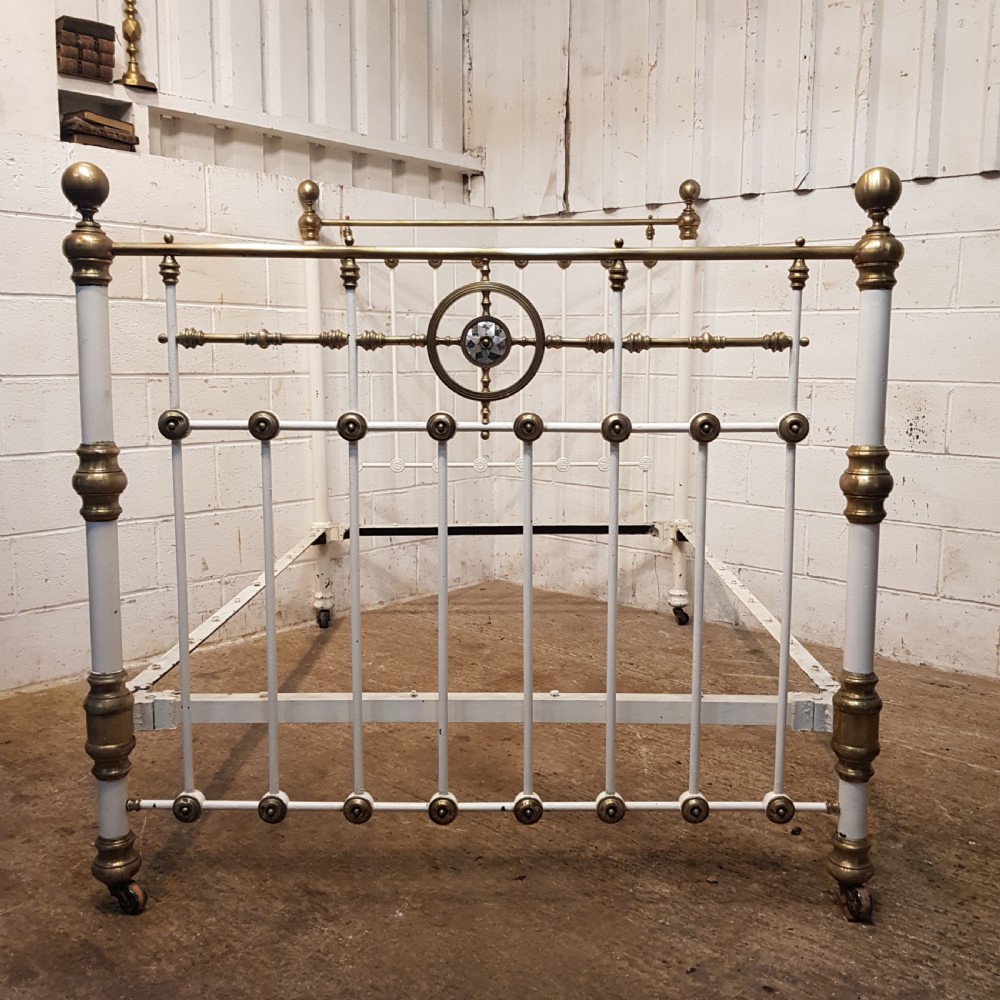 ANTIQUE VICTORIAN PAINTED & BRASS DOUBLE BED WITH MOTHER OF PEARL C1880 View IV