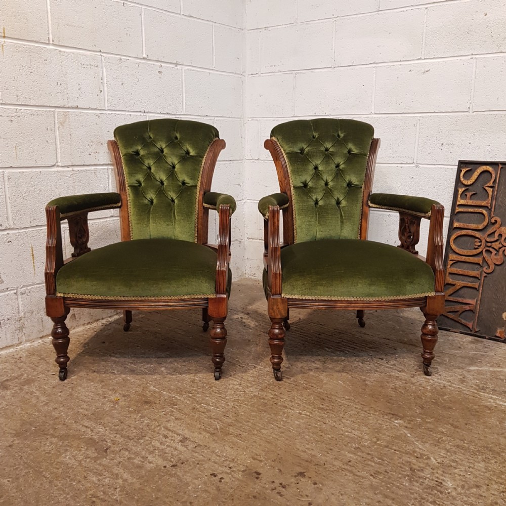 ANTIQUE PAIR VICTORIAN OAK FRAMED UTTON BACK  ARMCHAIRS C1880