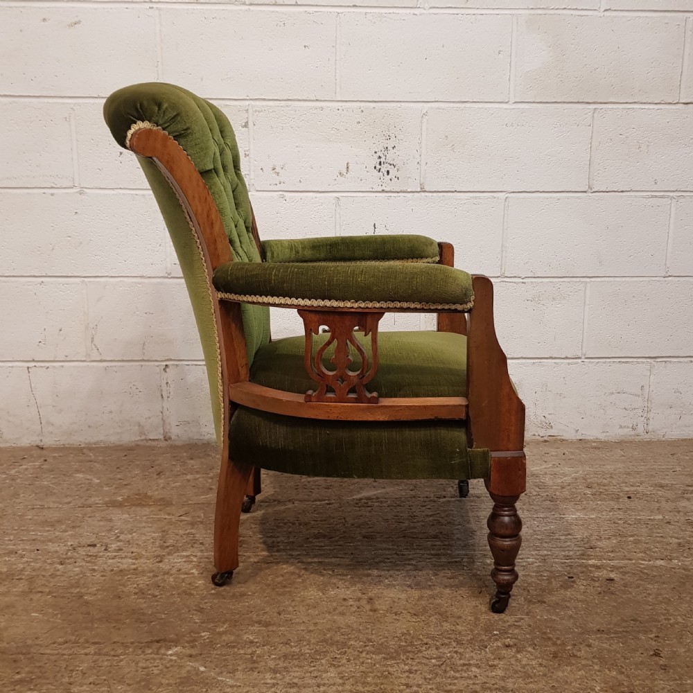 ANTIQUE PAIR VICTORIAN OAK FRAMED UTTON BACK  ARMCHAIRS C1880 View III