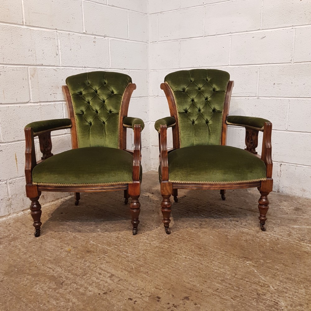 ANTIQUE PAIR VICTORIAN OAK FRAMED UTTON BACK  ARMCHAIRS C1880 View IV