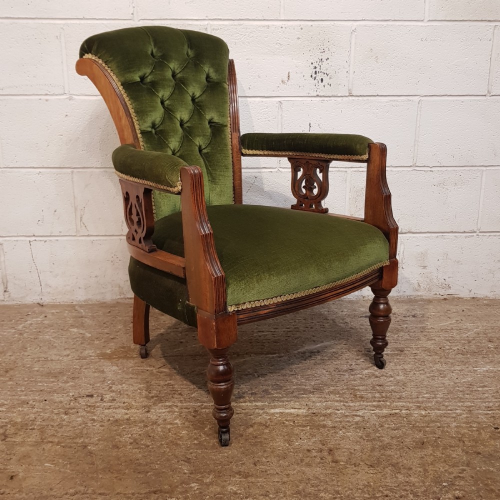 ANTIQUE PAIR VICTORIAN OAK FRAMED UTTON BACK  ARMCHAIRS C1880 View VII