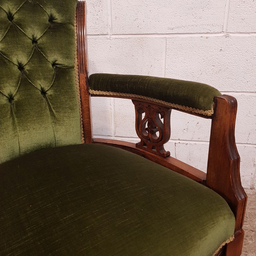ANTIQUE PAIR VICTORIAN OAK FRAMED UTTON BACK  ARMCHAIRS C1880 View VIII