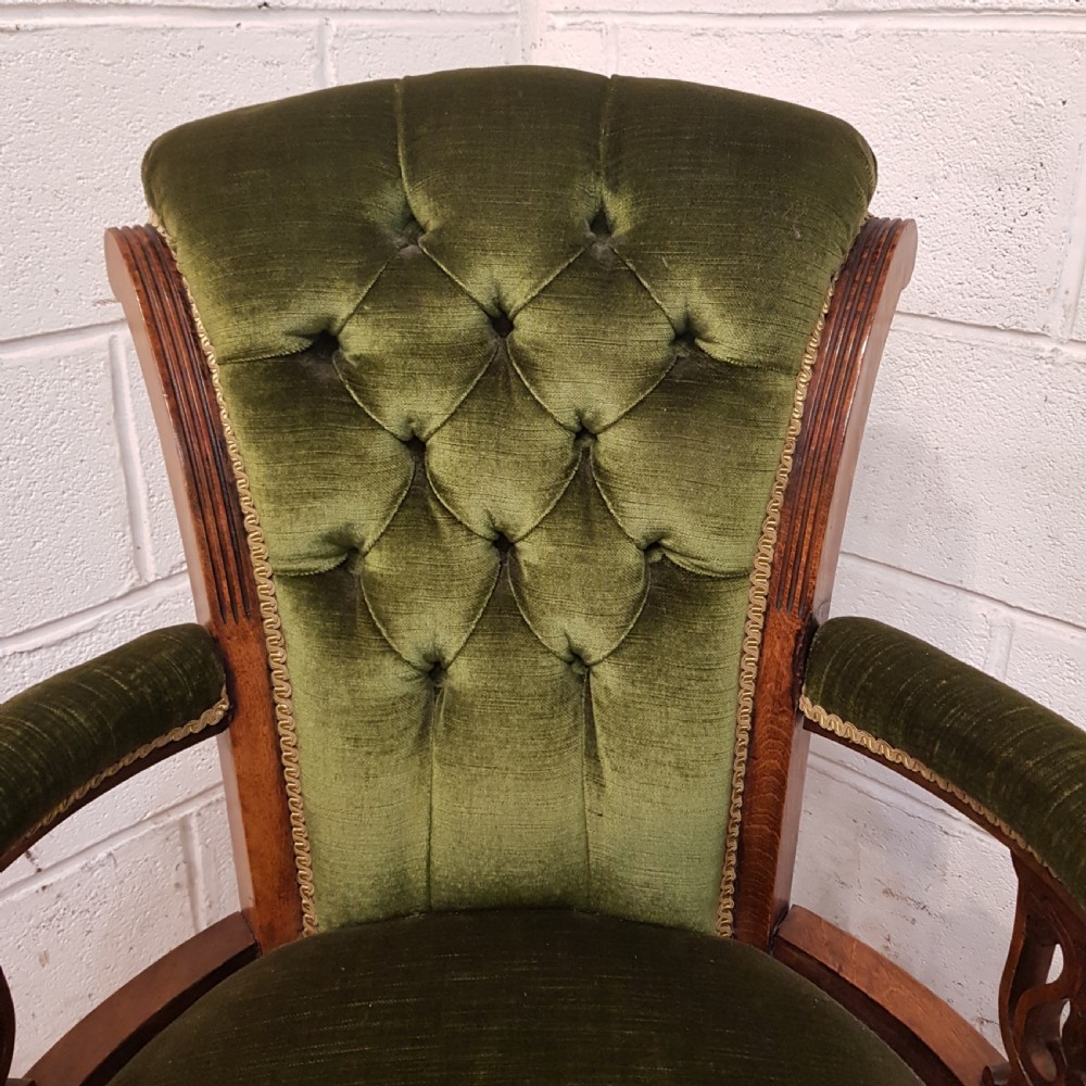 ANTIQUE PAIR VICTORIAN OAK FRAMED UTTON BACK  ARMCHAIRS C1880 View IX