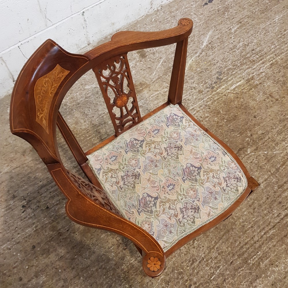 ANTIQUE PAIR EDWARDIAN MAHOGANY INLAID SALON CORNER CHAIRS C1900 View II