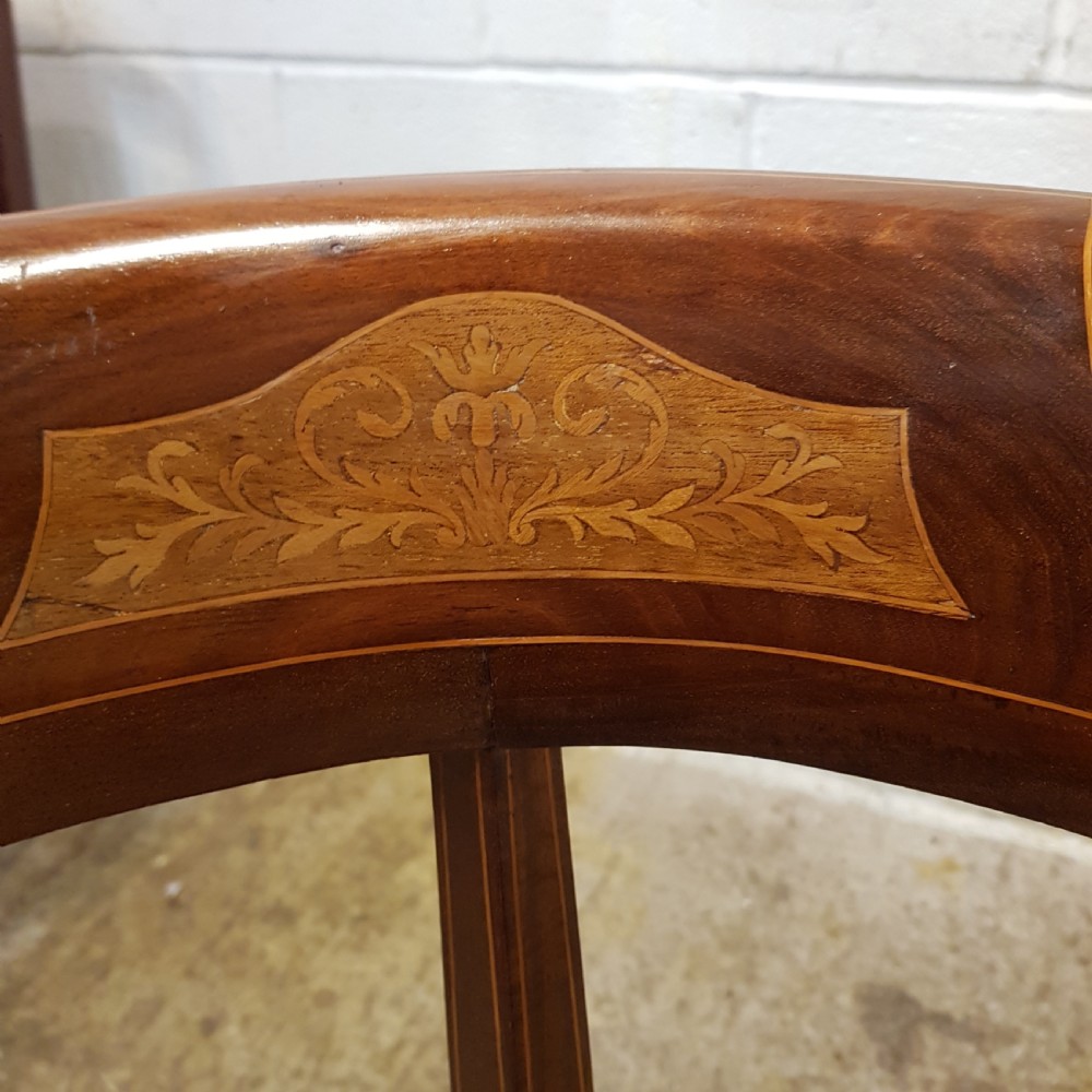 ANTIQUE PAIR EDWARDIAN MAHOGANY INLAID SALON CORNER CHAIRS C1900 View III