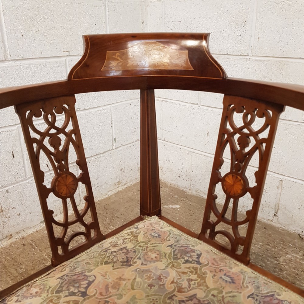 ANTIQUE PAIR EDWARDIAN MAHOGANY INLAID SALON CORNER CHAIRS C1900 View V