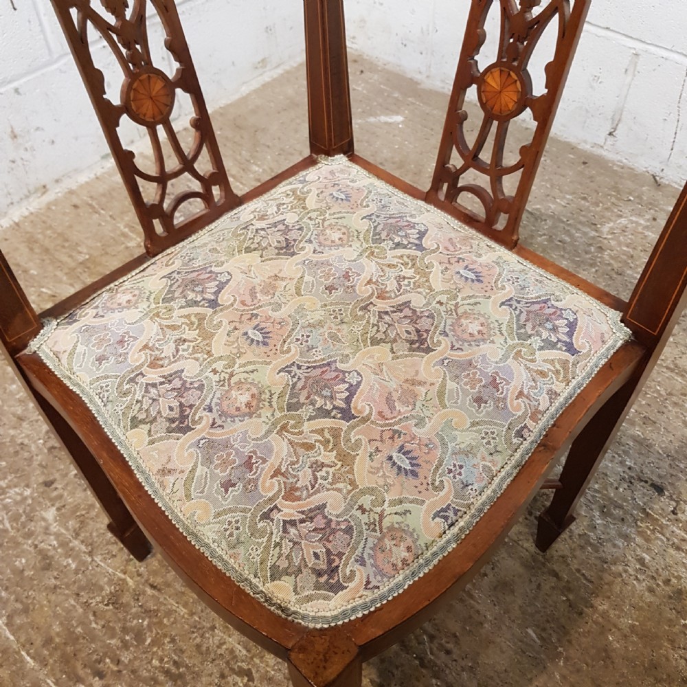 ANTIQUE PAIR EDWARDIAN MAHOGANY INLAID SALON CORNER CHAIRS C1900 View VI