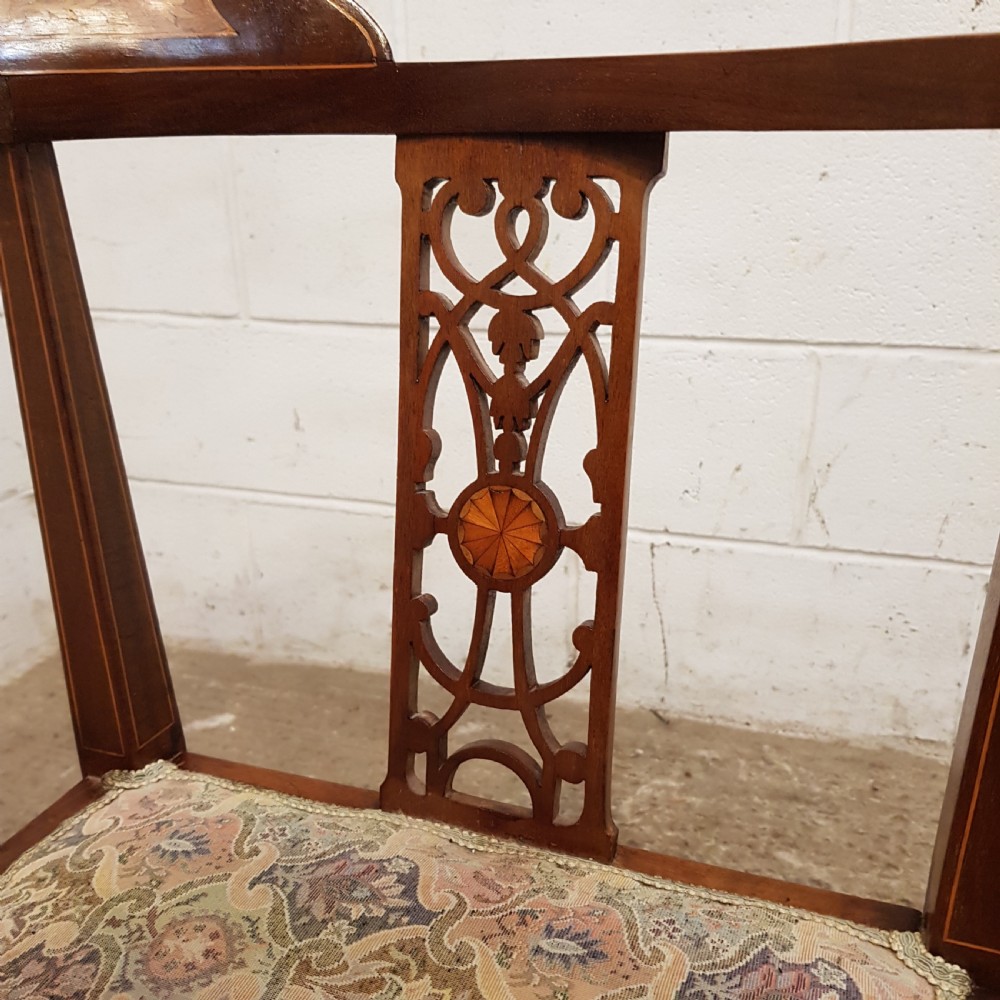 ANTIQUE PAIR EDWARDIAN MAHOGANY INLAID SALON CORNER CHAIRS C1900 View VII