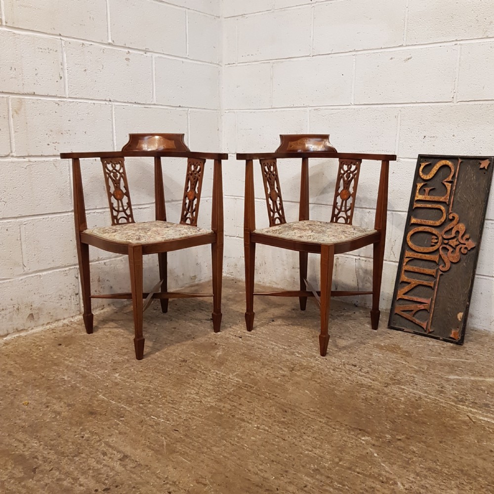 ANTIQUE PAIR EDWARDIAN MAHOGANY INLAID SALON CORNER CHAIRS C1900 View VIII