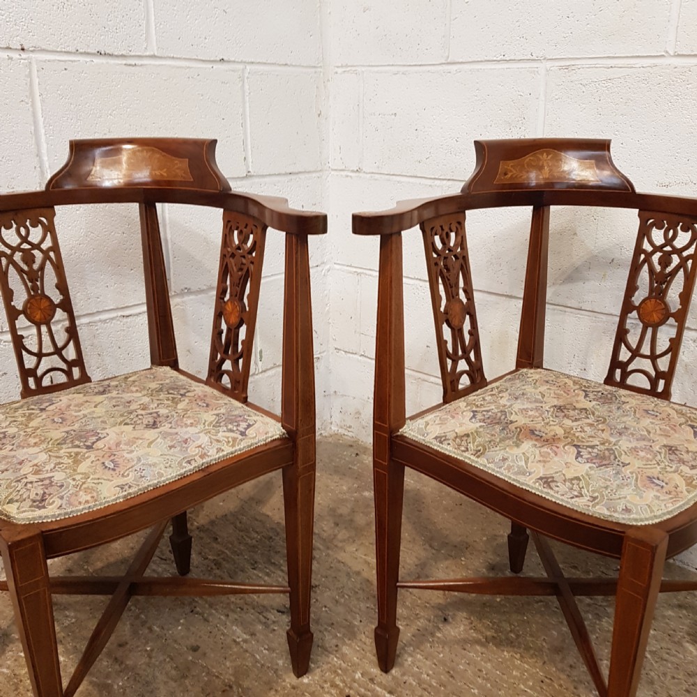 ANTIQUE PAIR EDWARDIAN MAHOGANY INLAID SALON CORNER CHAIRS C1900 View IX