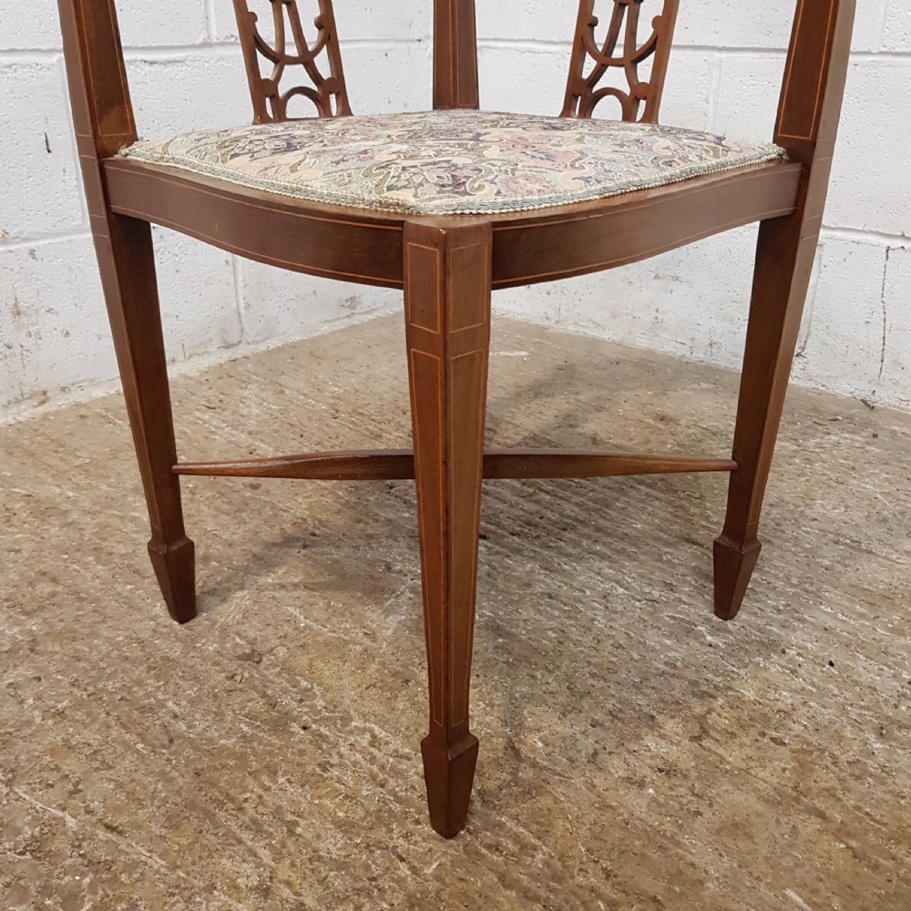 ANTIQUE PAIR EDWARDIAN MAHOGANY INLAID SALON CORNER CHAIRS C1900 View X