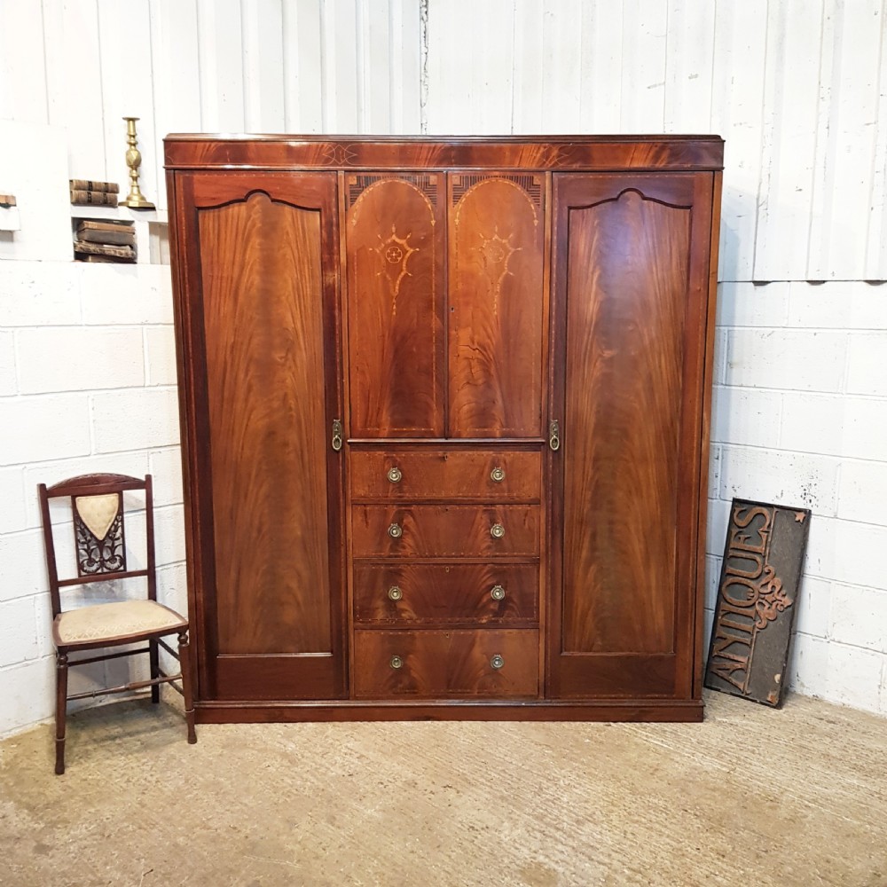 ANTIQUE EDWARDIAN INLAID MAHOGANY TRIPLE WARDROBE C 1900