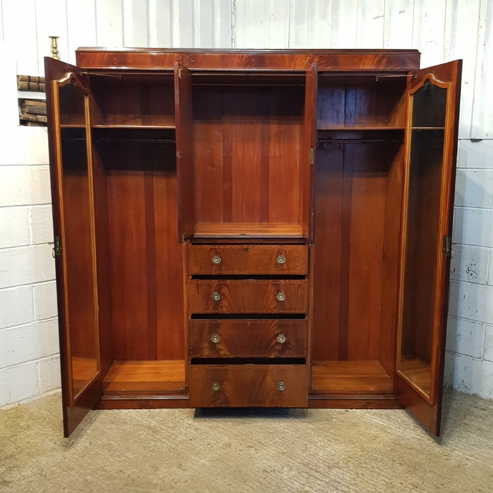ANTIQUE EDWARDIAN INLAID MAHOGANY TRIPLE WARDROBE C 1900 View II