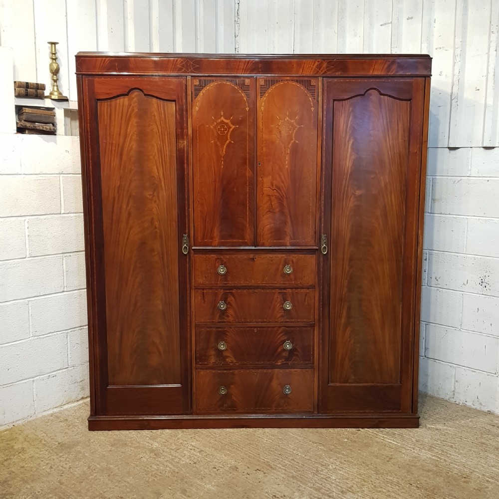 ANTIQUE EDWARDIAN INLAID MAHOGANY TRIPLE WARDROBE C 1900 View VIII
