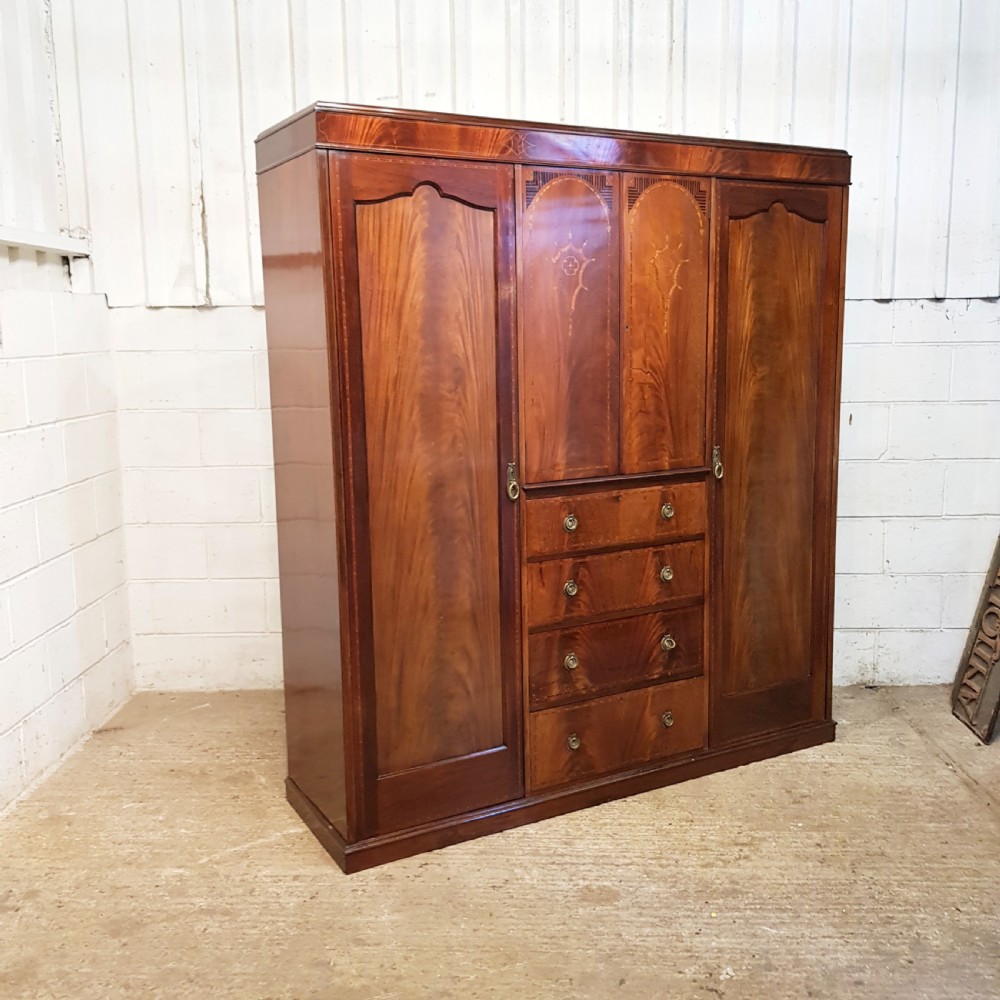 ANTIQUE EDWARDIAN INLAID MAHOGANY TRIPLE WARDROBE C 1900 View IX