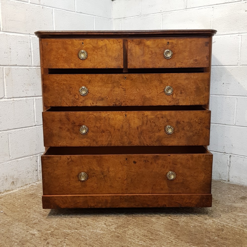 ANTIQUE VICTORIAN ALNUT AND BURR WALNUT CHEST OF DRAWERS C1880 View V