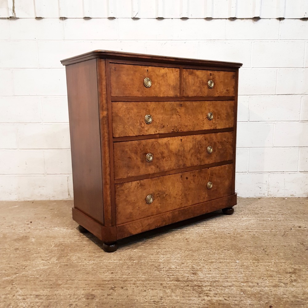 ANTIQUE VICTORIAN ALNUT AND BURR WALNUT CHEST OF DRAWERS C1880 View VI
