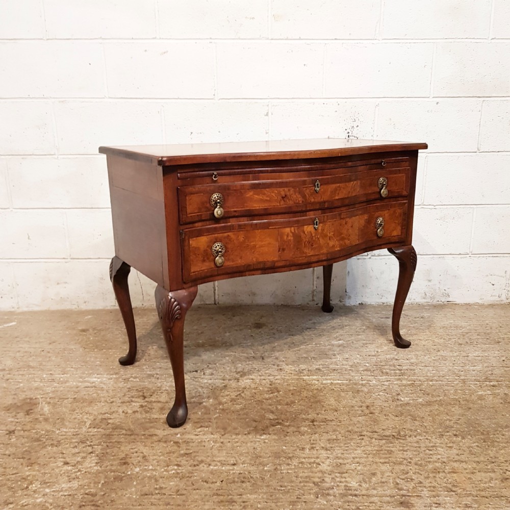 ANTIQUE EDWARDIAN BURR WALNUT SERPENTINE CHEST OF DRAWERS WITH BRUSH SLIDE C1900 View II