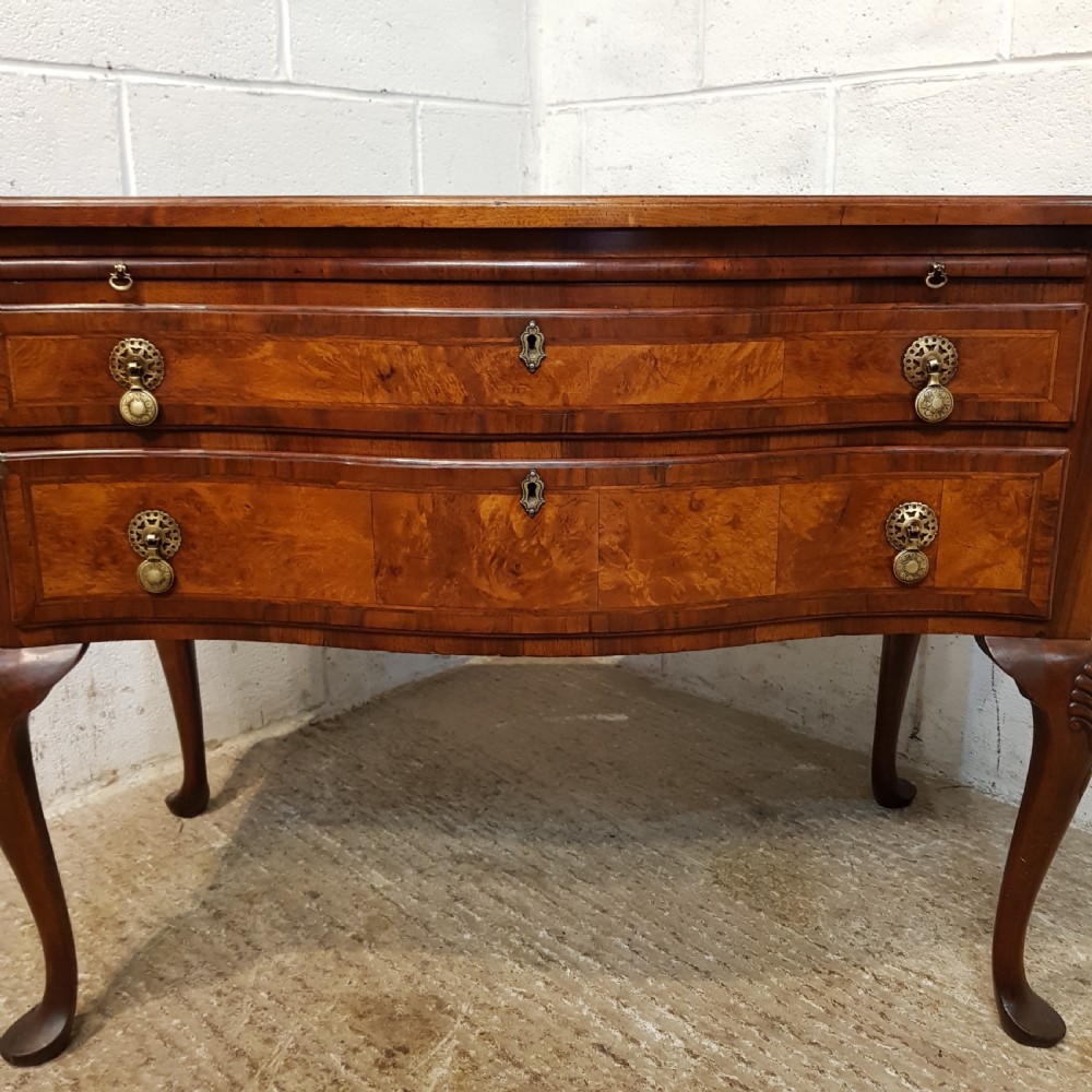 ANTIQUE EDWARDIAN BURR WALNUT SERPENTINE CHEST OF DRAWERS WITH BRUSH SLIDE C1900 View III