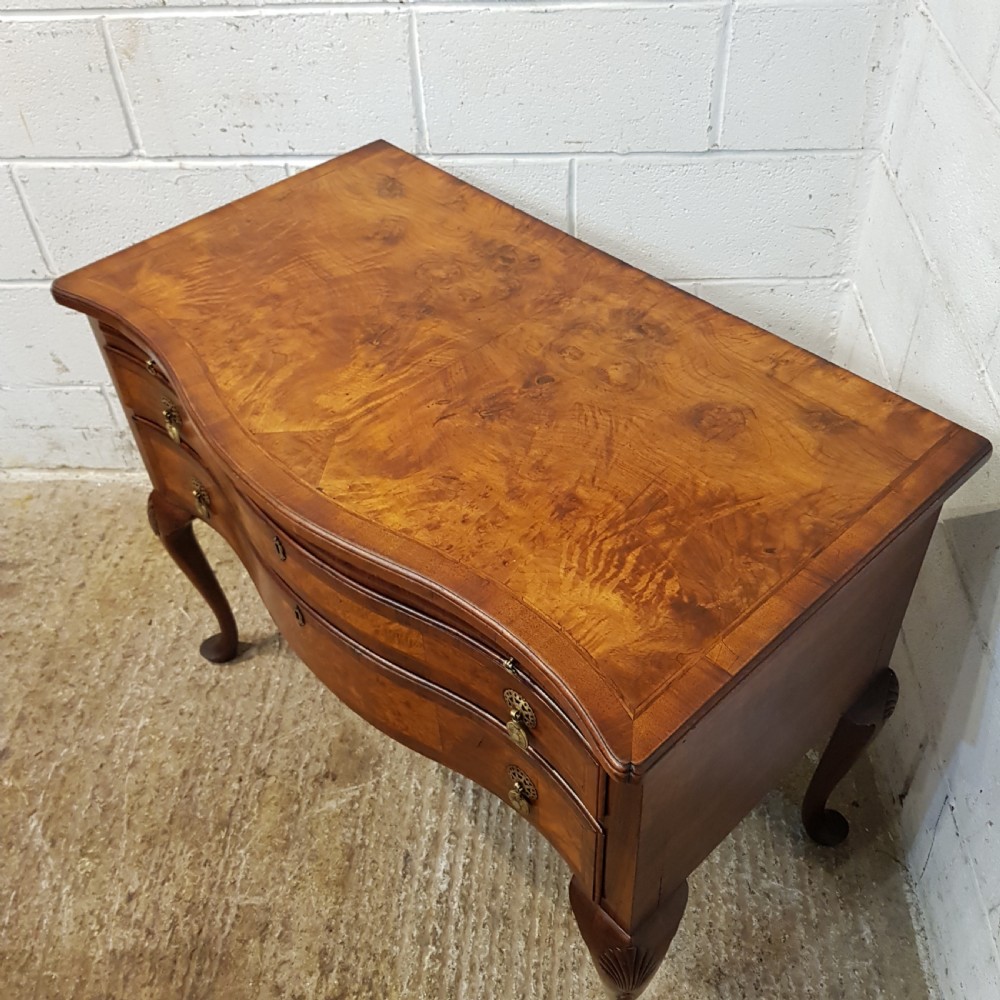 ANTIQUE EDWARDIAN BURR WALNUT SERPENTINE CHEST OF DRAWERS WITH BRUSH SLIDE C1900 View IV