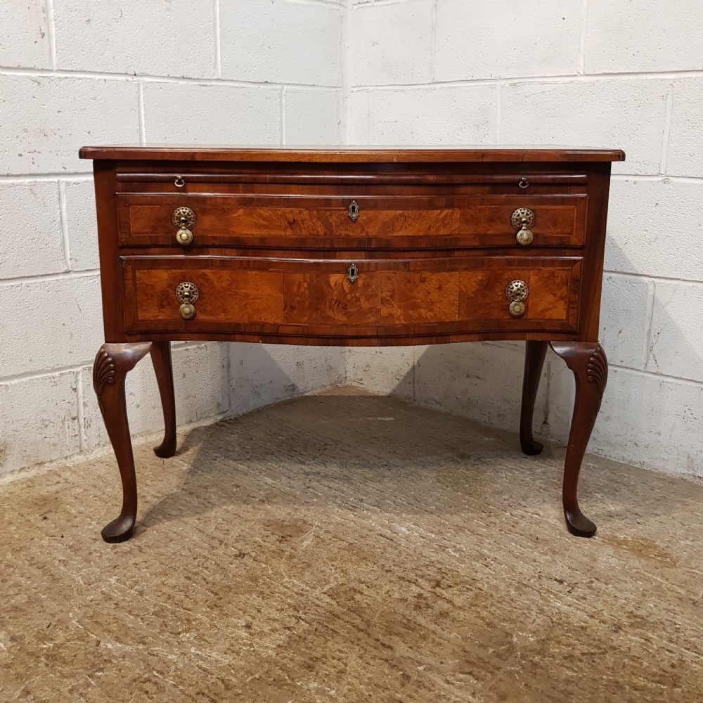 ANTIQUE EDWARDIAN BURR WALNUT SERPENTINE CHEST OF DRAWERS WITH BRUSH SLIDE C1900 View VII