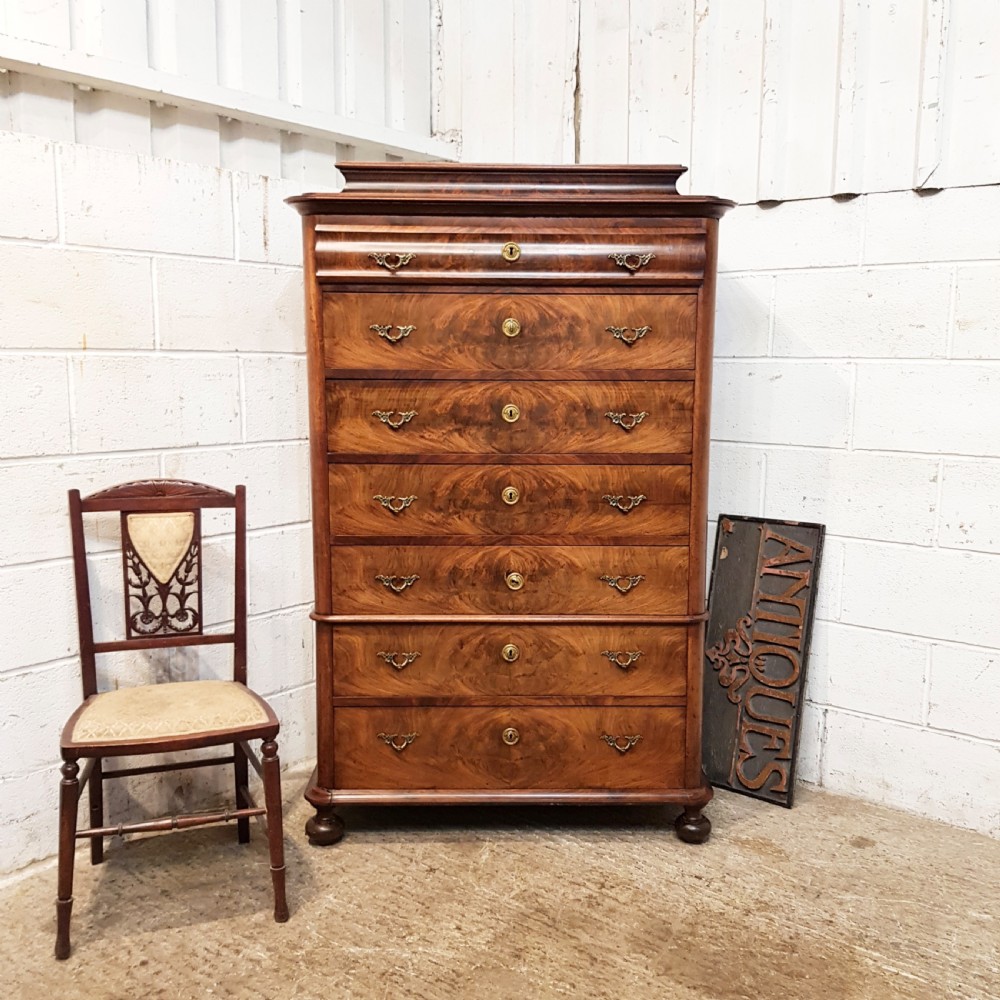 ANTIQUE 9TH CENTURY BURR WALNUT BIEDERMEIER 7HT CHEST OF DRAWERS C860