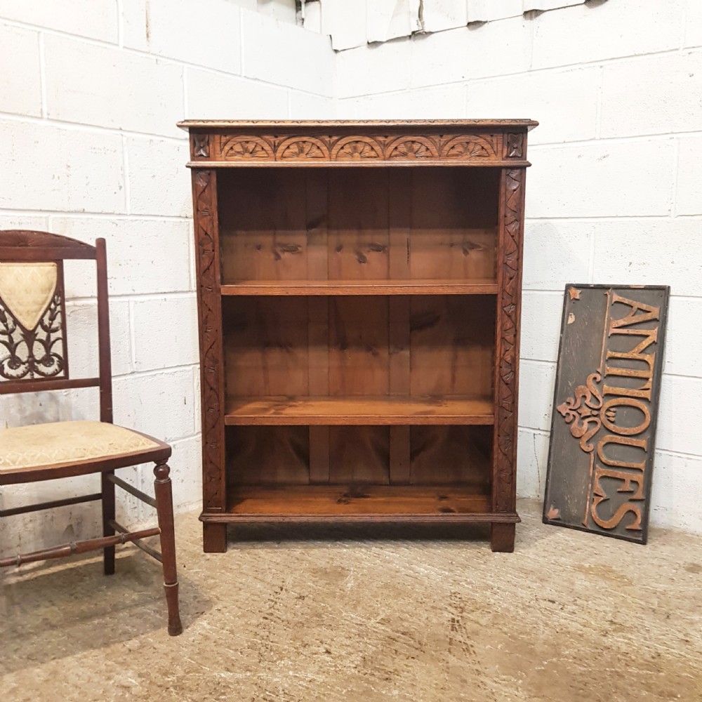 ANTIQUE EDWARDIAN CARVED OAK OPEN BOOKCASE C1900