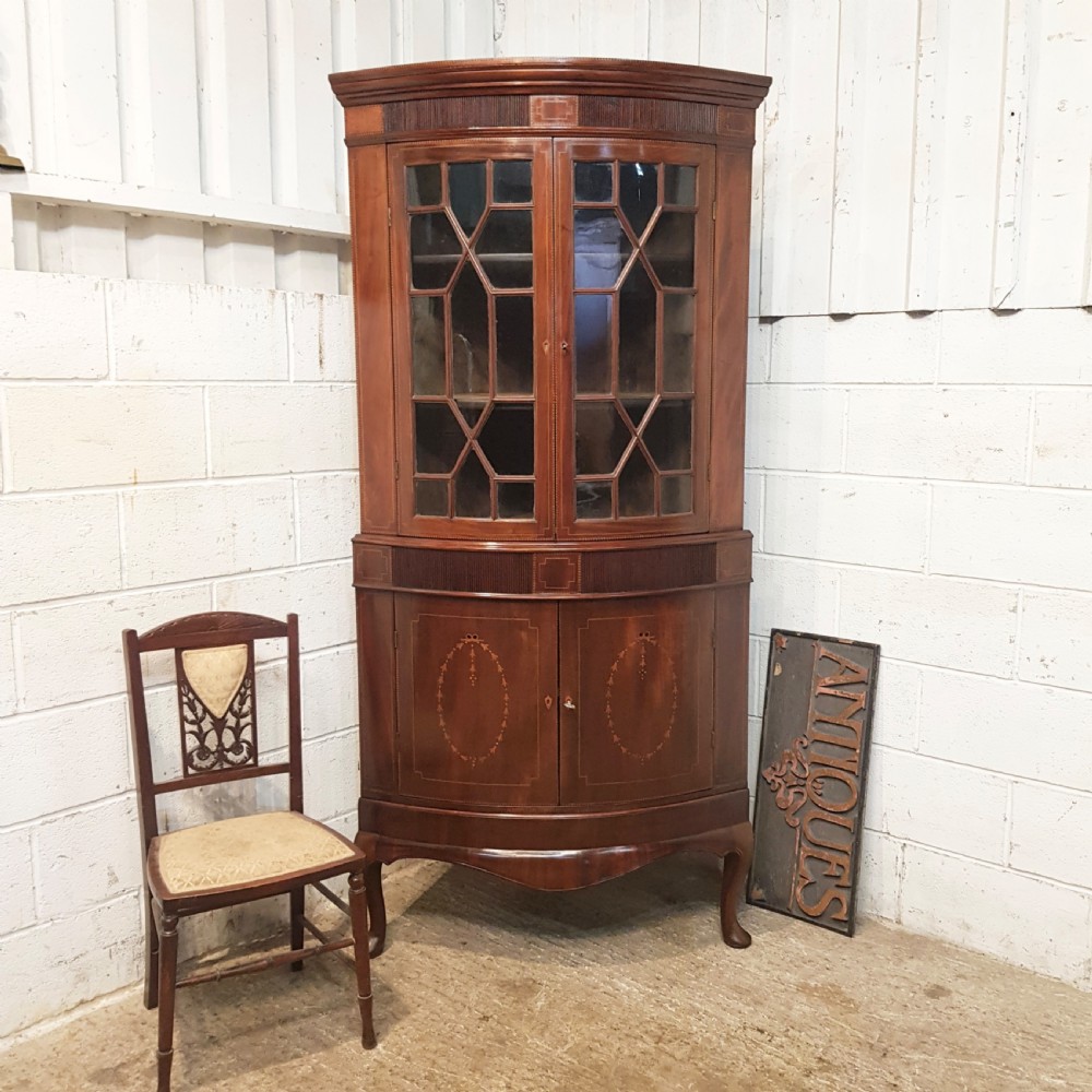 ANTIQUE REGENCY INLAID MAHOGANY FULL HEIGHT BOW FRONT ASTRAGAL GLAZED CORNER CABINET C1820