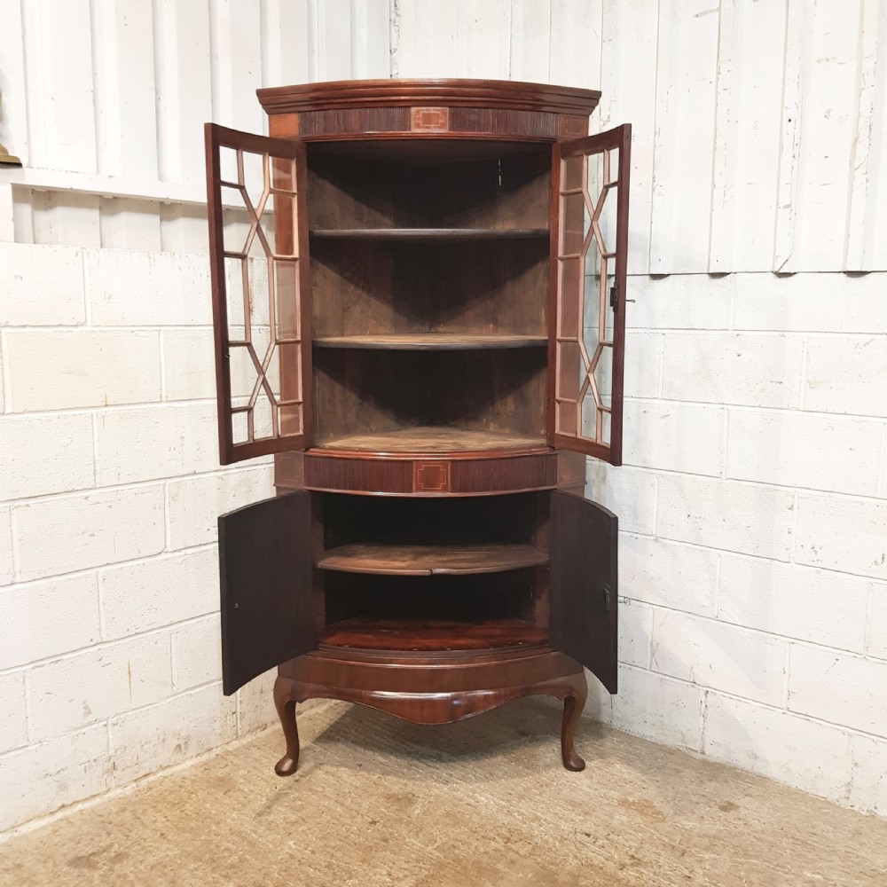 ANTIQUE REGENCY INLAID MAHOGANY FULL HEIGHT BOW FRONT ASTRAGAL GLAZED CORNER CABINET C1820 View V