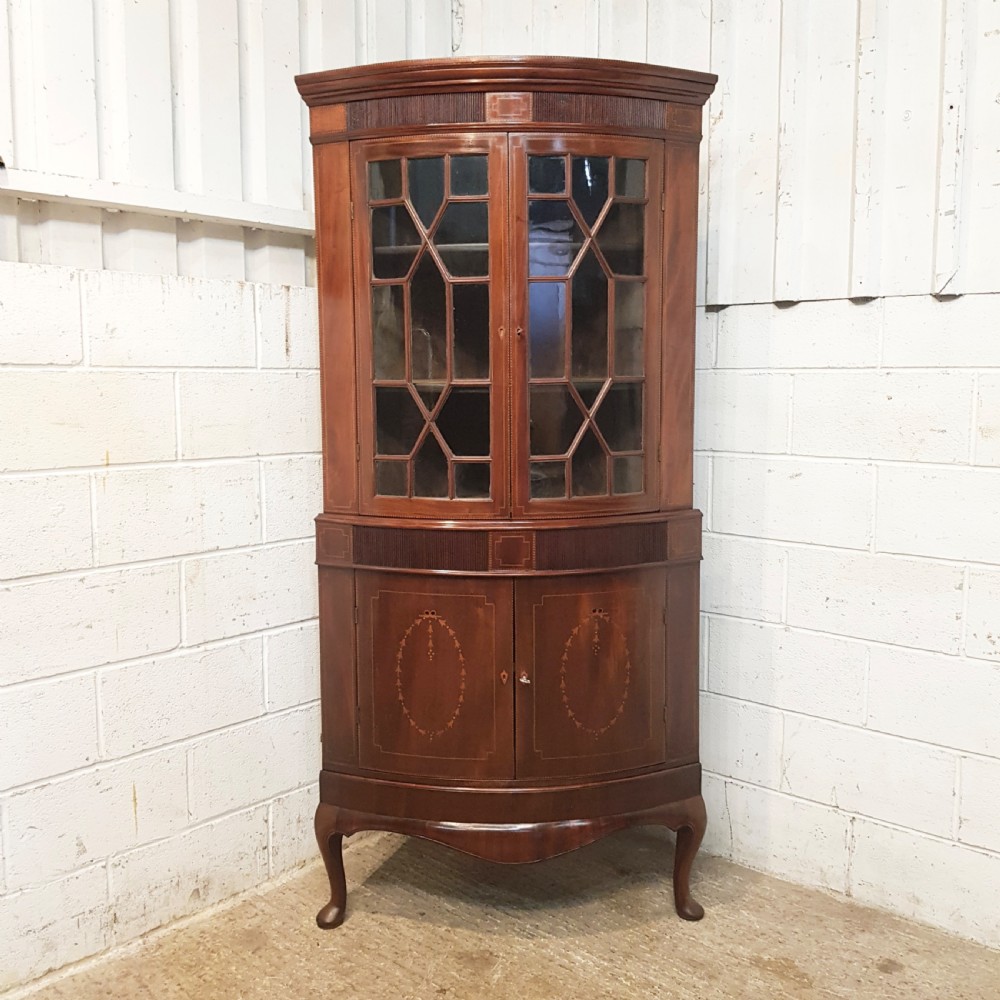 ANTIQUE REGENCY INLAID MAHOGANY FULL HEIGHT BOW FRONT ASTRAGAL GLAZED CORNER CABINET C1820 View VI